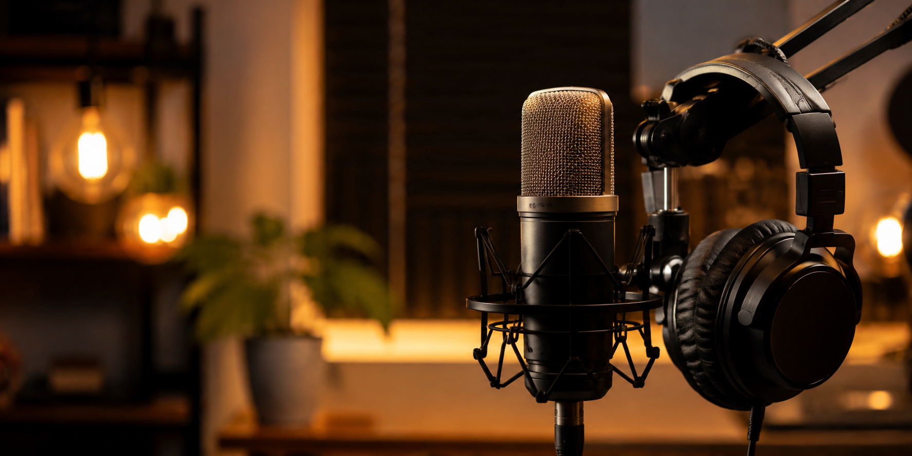 Micro et casque de studio, ambiance chaleureuse enregistrement de podcast
