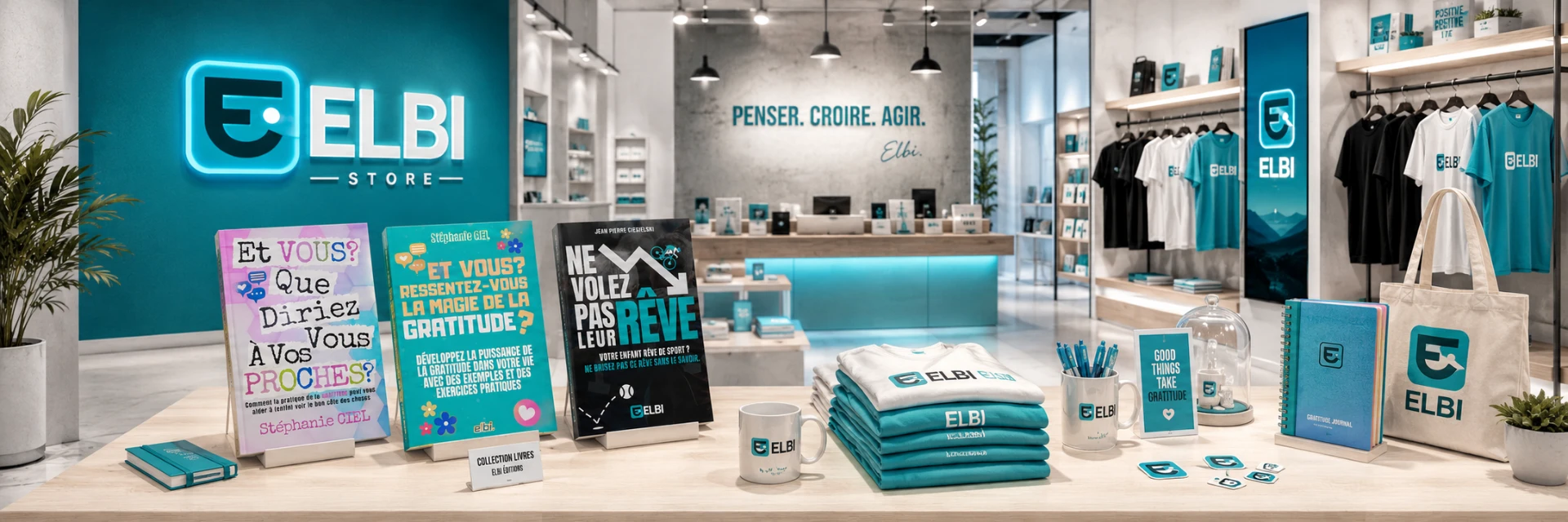 Boutique ELBI Store : livres des éditions ELBI, mugs, t-shirts, carnets et tote bags de la maison