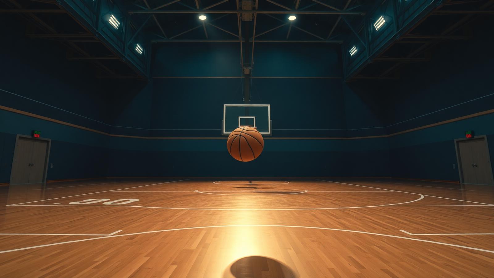 Un ballon de basket rebondit sur un parquet désert à l'aube, lumière indigo et turquoise