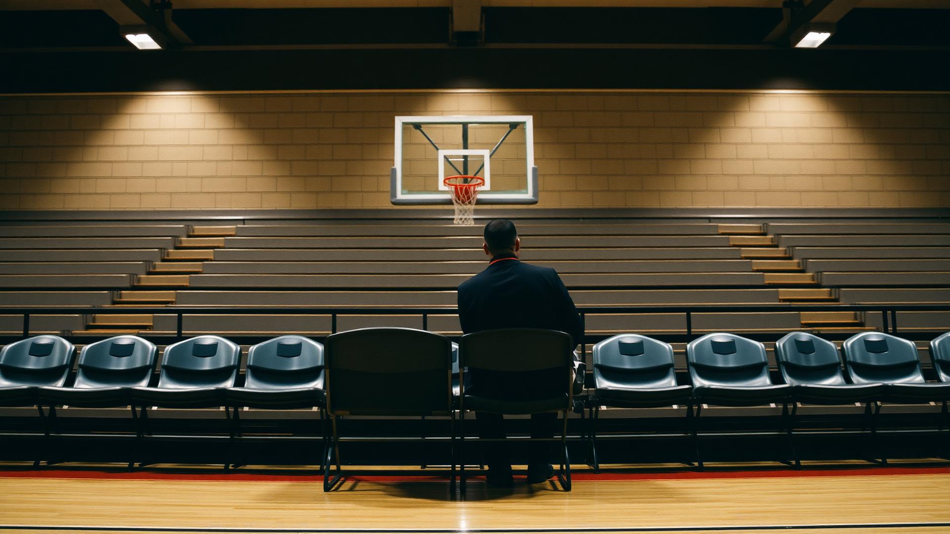 Un banc de touche vu de derrière, un coach et un joueur assis côte à côte
