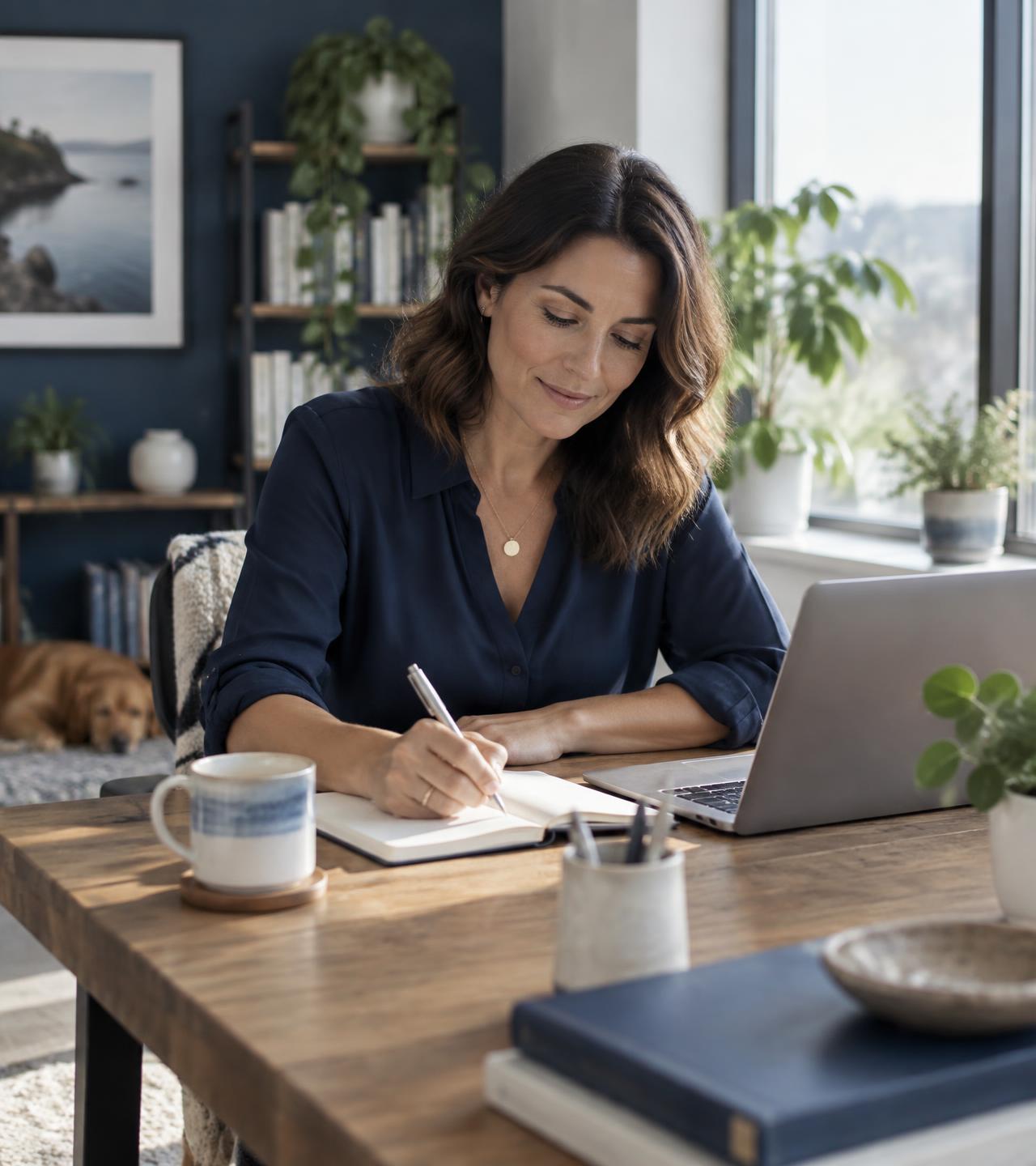 Une professionnelle prépare ses idées à son bureau, ordinateur ouvert
